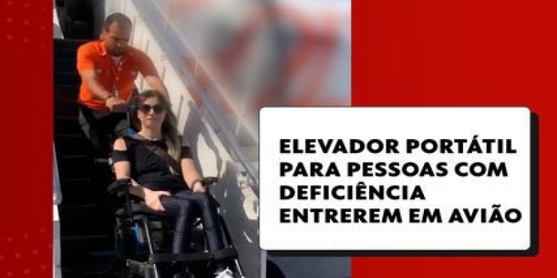 Empresária mostra elevador portátil para pessoas com deficiência entrar em avião